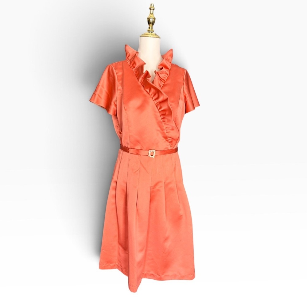 Vintage 1980s Handmade Coral Satin Ruffle Collar Belted Midi Dress Fit and Flare